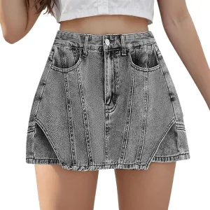 Women Denim Shorts Skirt Summer High Waist Vintage Button Up Fashion A-Line Skirt