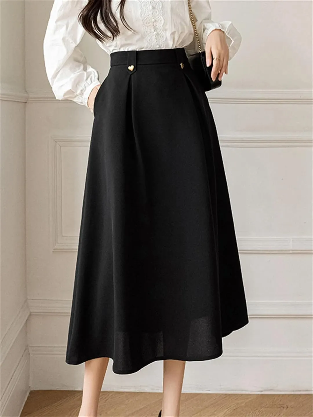 Women Elegant Khaki A-Line Skirt for High Waist Work Office OL Midi Skirts