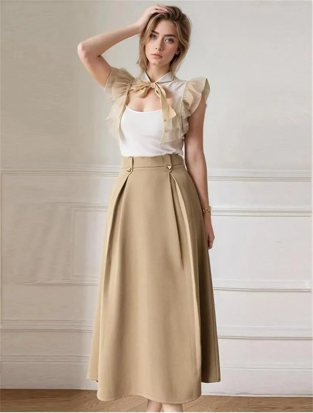 Women Elegant Khaki A-Line Skirt for High Waist Work Office OL Midi Skirts