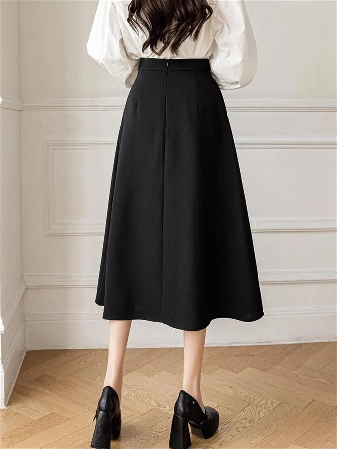 Women Elegant Khaki A-Line Skirt for High Waist Work Office OL Midi Skirts