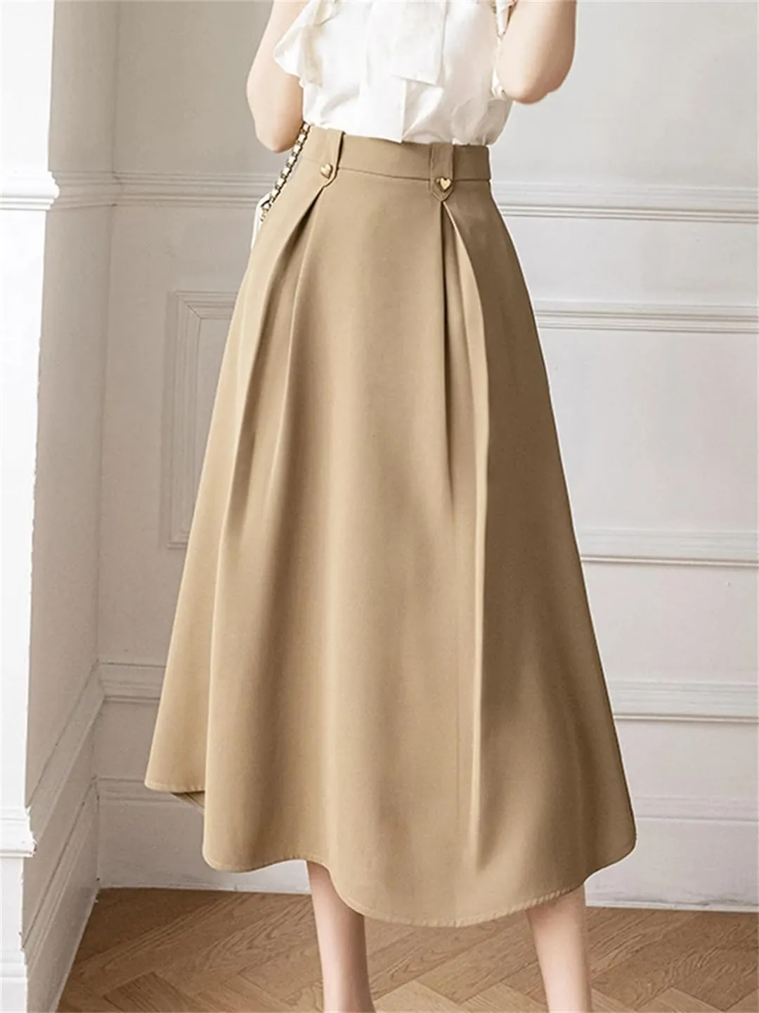 Women Elegant Khaki A-Line Skirt for High Waist Work Office OL Midi Skirts