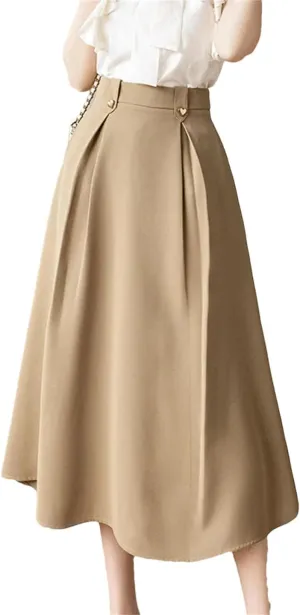 Women Elegant Khaki A-Line Skirt for High Waist Work Office OL Midi Skirts