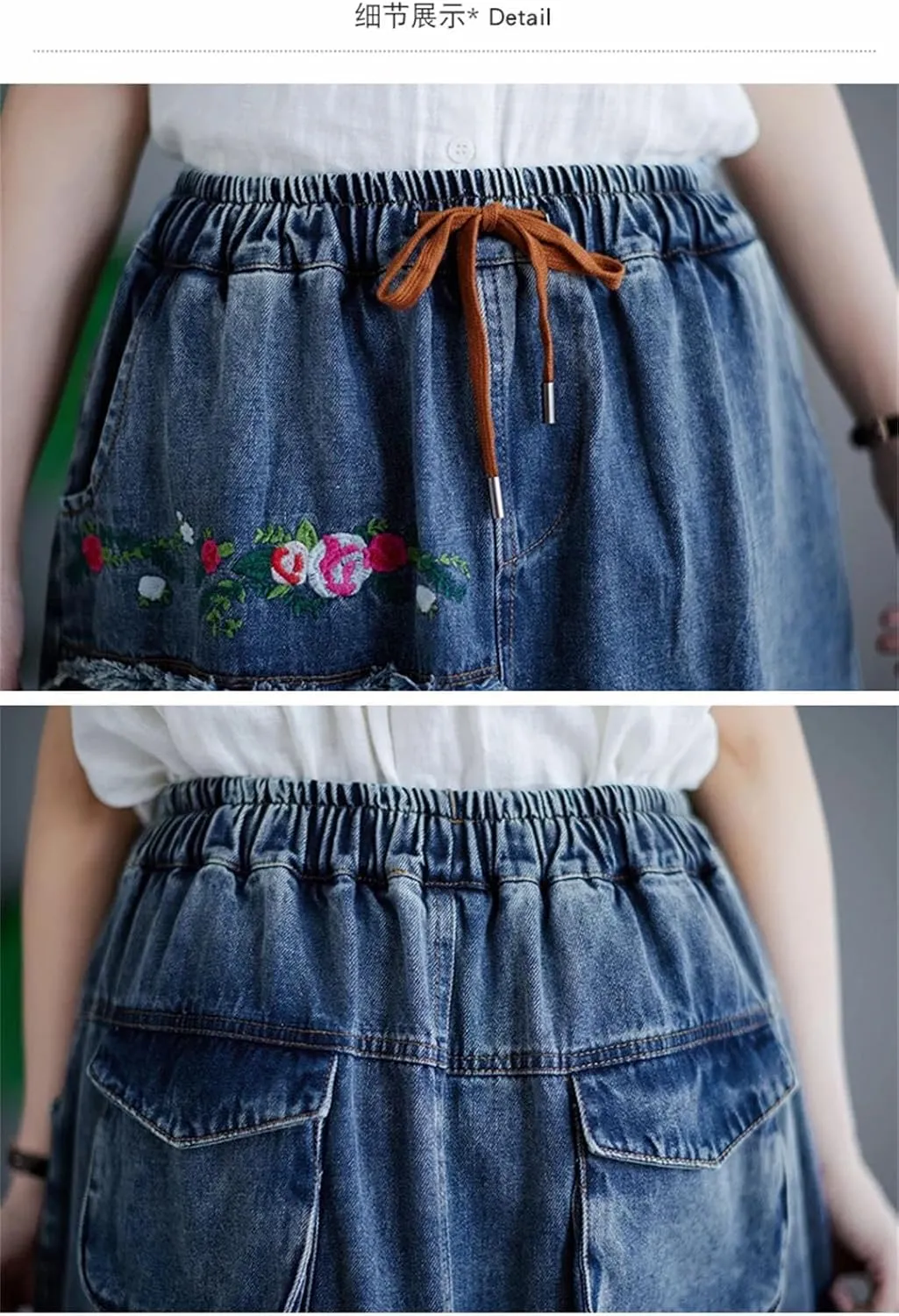 Women Embroidery Floral Vintage A-Line Skirt Pockets Midi Skirts Hole Ripped Jeans Skirt