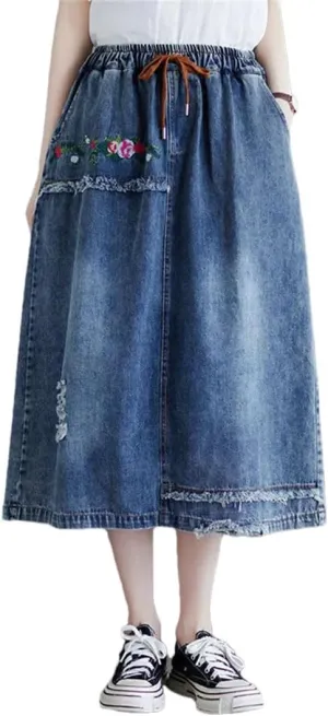Women Embroidery Floral Vintage A-Line Skirt Pockets Midi Skirts Hole Ripped Jeans Skirt