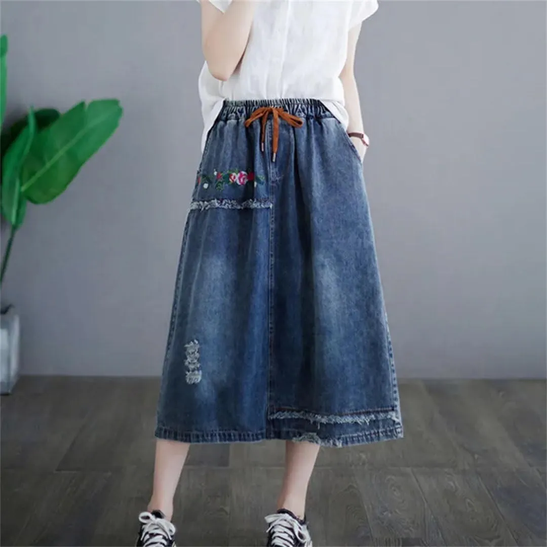 Women Embroidery Floral Vintage A-Line Skirt Pockets Midi Skirts Hole Ripped Jeans Skirt