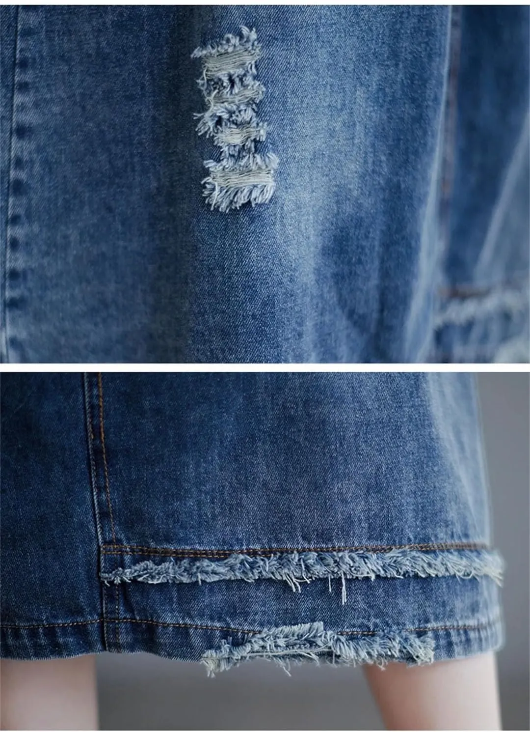 Women Embroidery Floral Vintage A-Line Skirt Pockets Midi Skirts Hole Ripped Jeans Skirt