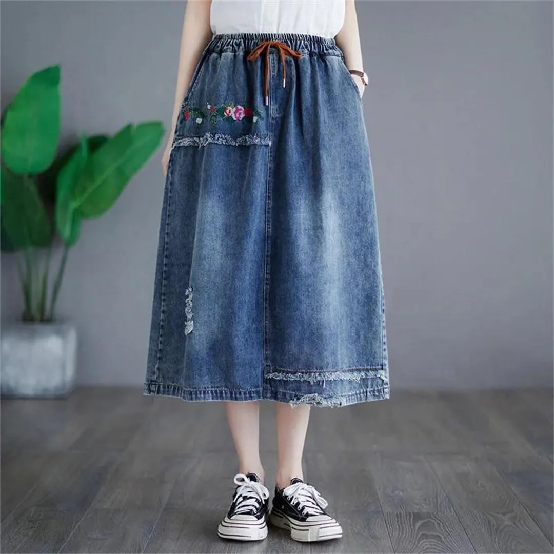 Women Embroidery Floral Vintage A-Line Skirt Pockets Midi Skirts Hole Ripped Jeans Skirt