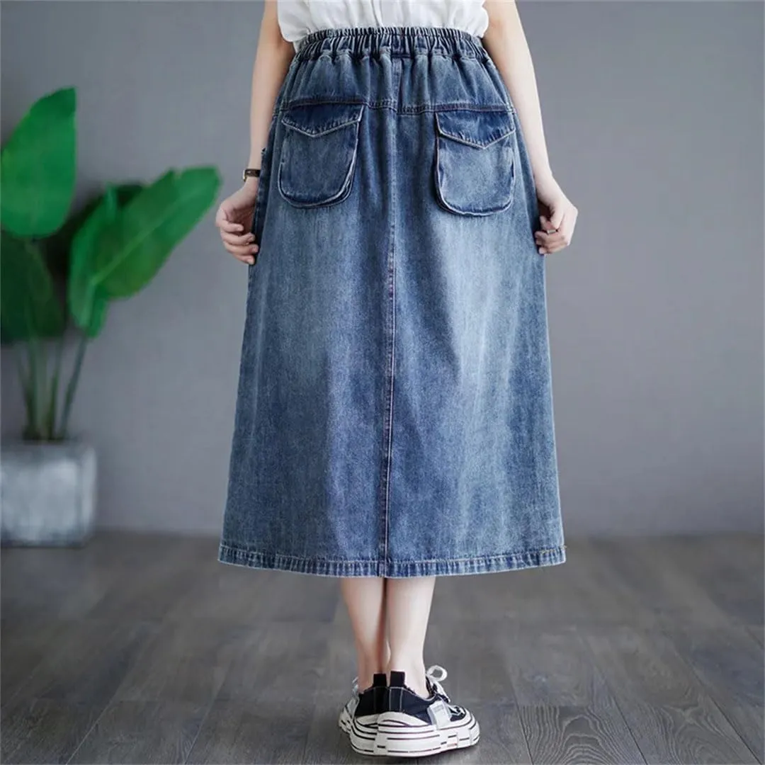 Women Embroidery Floral Vintage A-Line Skirt Pockets Midi Skirts Hole Ripped Jeans Skirt