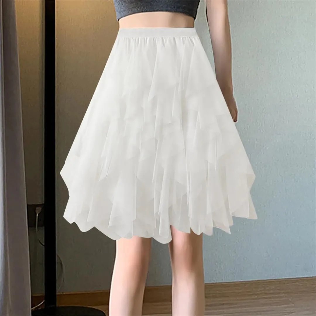 Women Fashion Skirt for High Waist Pleated Mesh Female Lady Irregular A Line Skirt