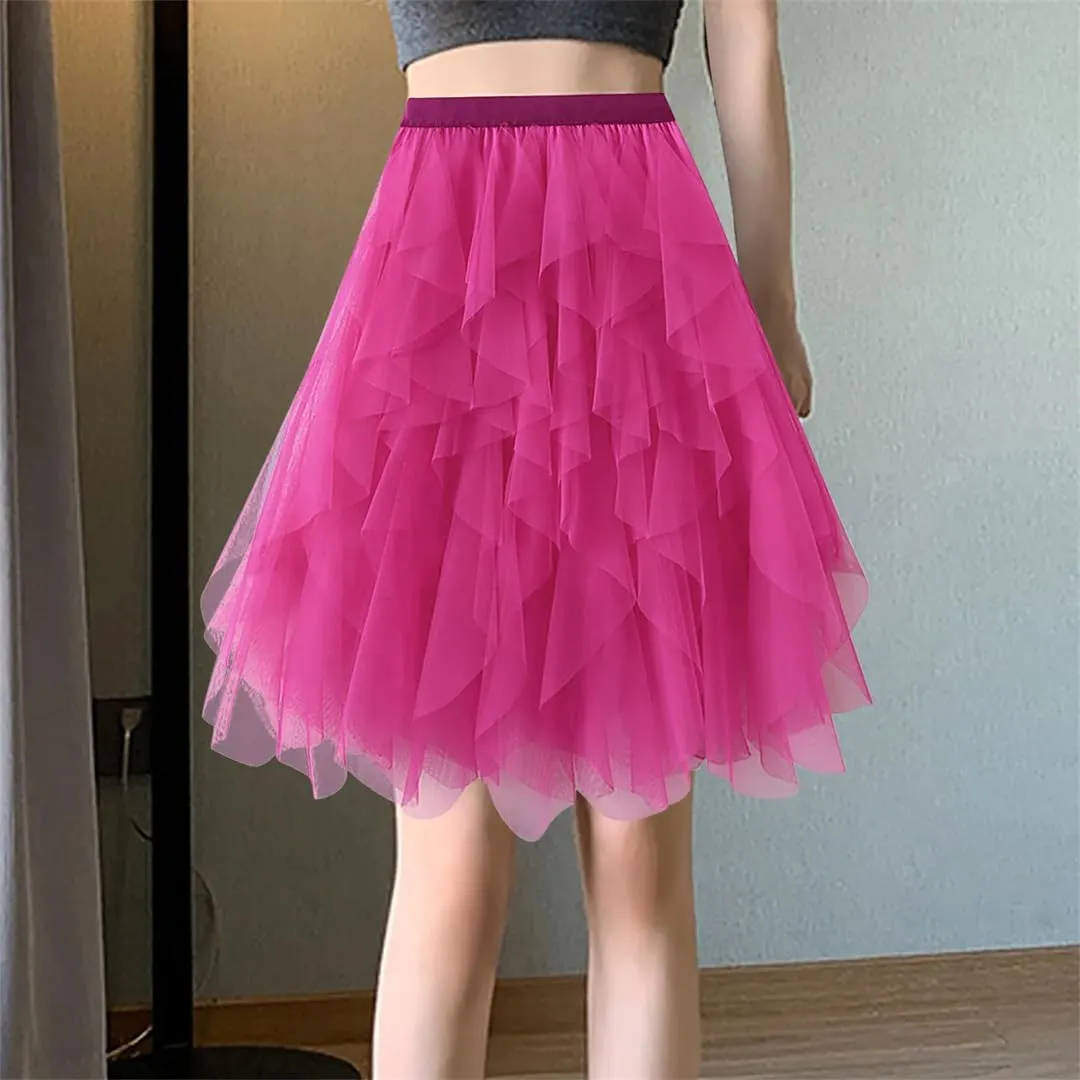 Women Fashion Skirt for High Waist Pleated Mesh Female Lady Irregular A Line Skirt