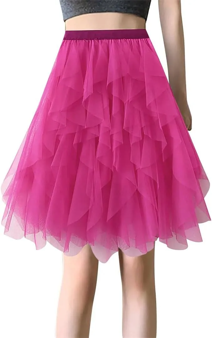 Women Fashion Skirt for High Waist Pleated Mesh Female Lady Irregular A Line Skirt