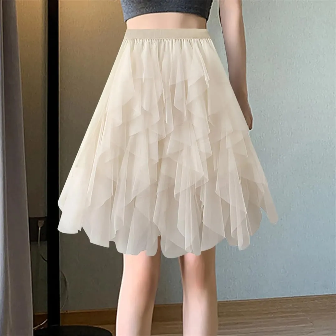 Women Fashion Skirt for High Waist Pleated Mesh Female Lady Irregular A Line Skirt