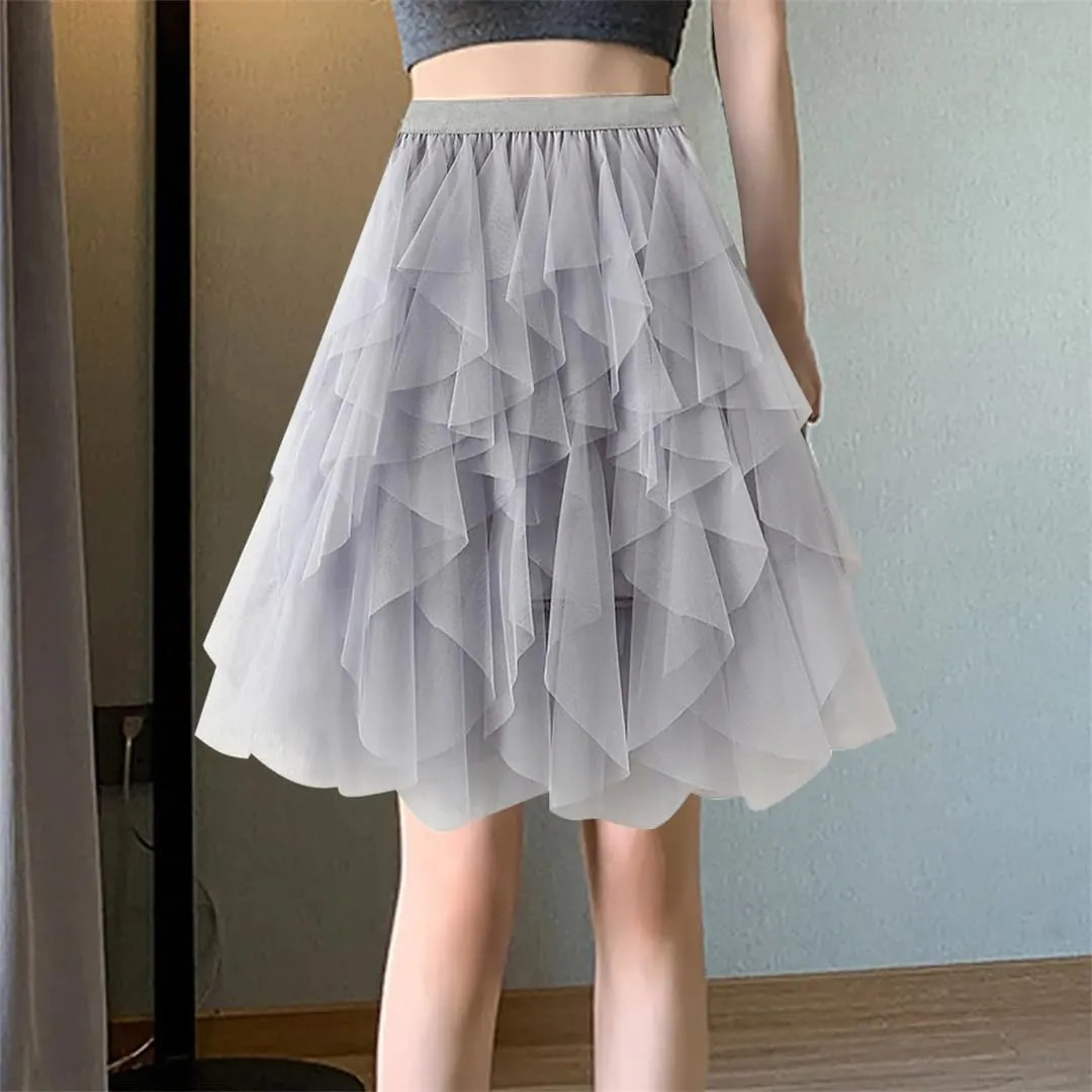 Women Fashion Skirt for High Waist Pleated Mesh Female Lady Irregular A Line Skirt