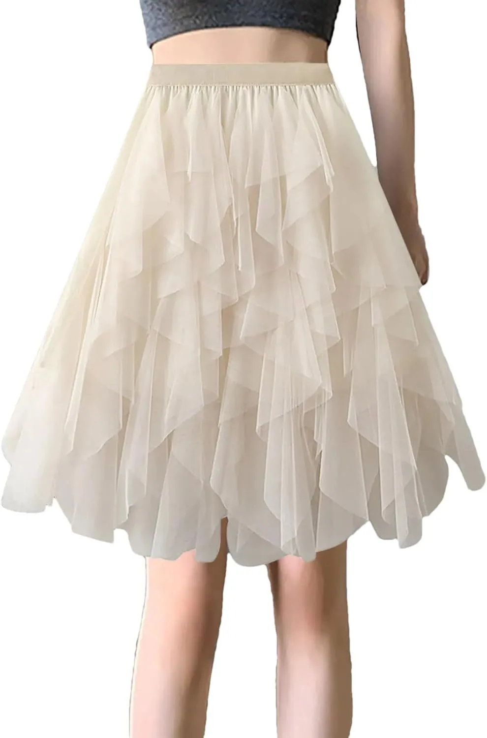 Women Fashion Skirt for High Waist Pleated Mesh Female Lady Irregular A Line Skirt