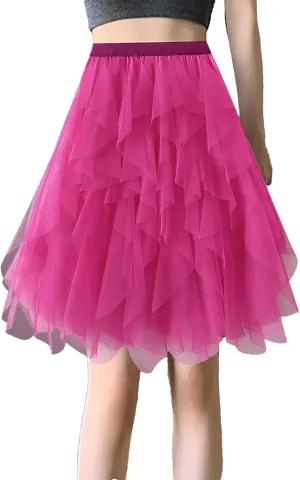 Women Fashion Skirt for High Waist Pleated Mesh Female Lady Irregular A Line Skirt