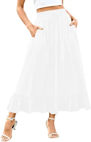 Women Flowy Maxi Skirt Boho High Waist Elastic Tiered Ruffle Pleated Casual Outfits Summer Beach Vacation Long Outfit