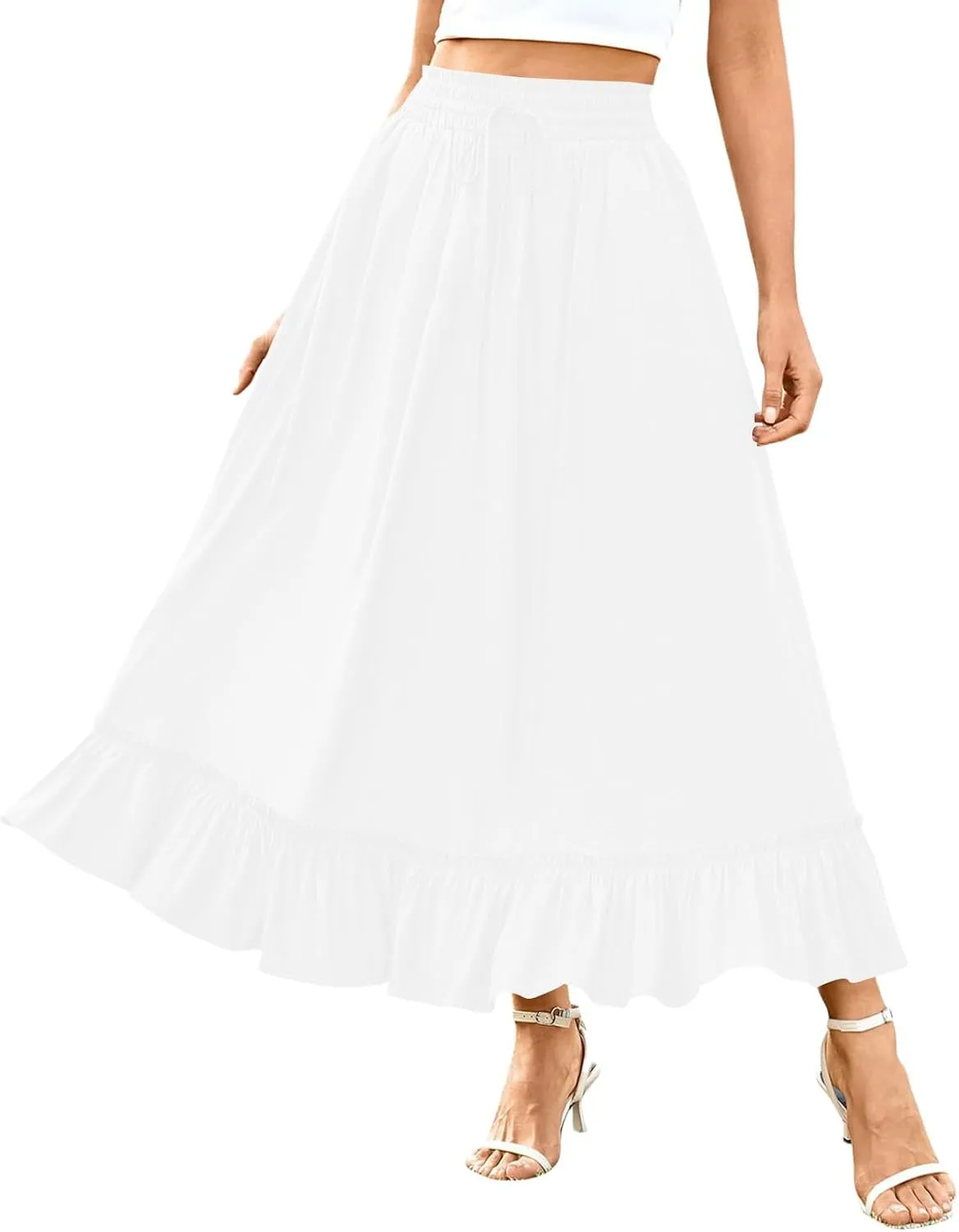 Women Flowy Maxi Skirt Boho High Waist Elastic Tiered Ruffle Pleated Casual Outfits Summer Beach Vacation Long Outfit