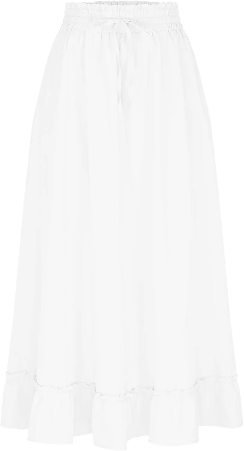 Women Flowy Maxi Skirt Boho High Waist Elastic Tiered Ruffle Pleated Casual Outfits Summer Beach Vacation Long Outfit