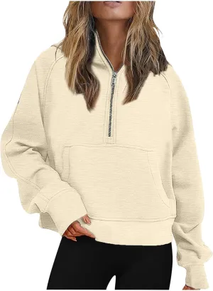 Women Half Zip Hoodies Pullover Long Sleeve Solid Corded Sweatshirt Oversized Casual Trendy Fall Outfit with Kangaroo Pocket