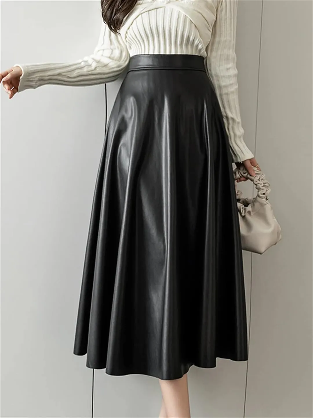 Women High Waist Elegant Office PU Leather A-Line Skirt for Long Skirts