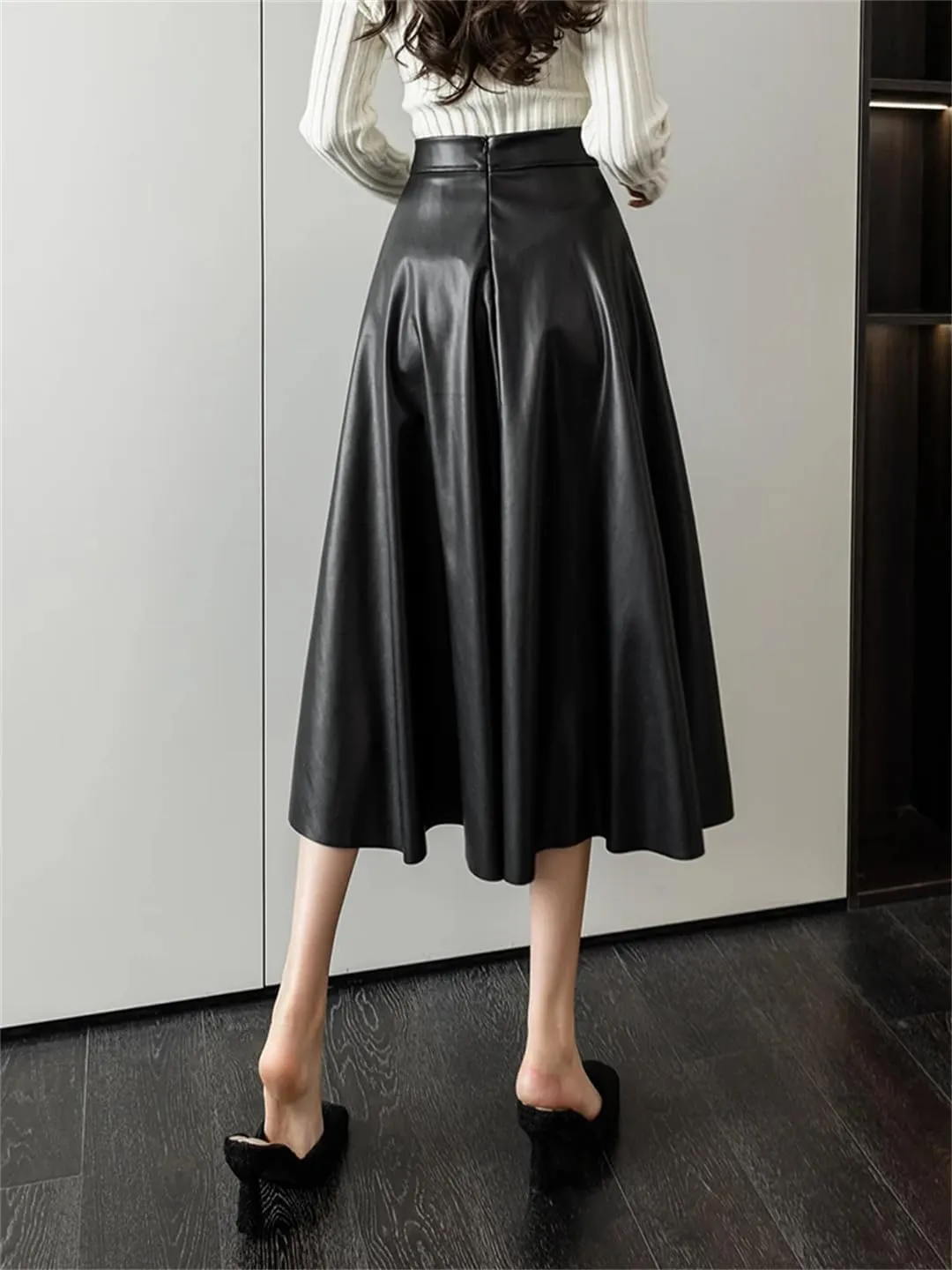 Women High Waist Elegant Office PU Leather A-Line Skirt for Long Skirts
