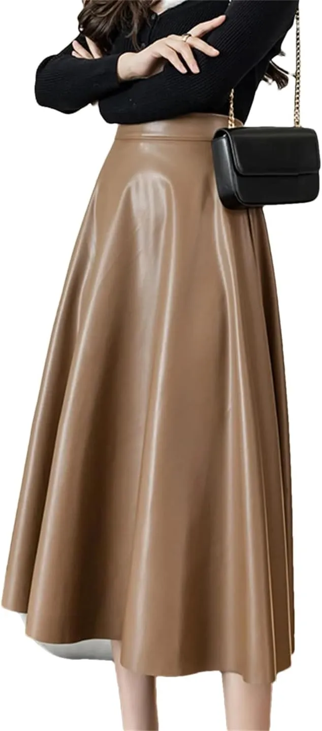 Women High Waist Elegant Office PU Leather A-Line Skirt for Long Skirts
