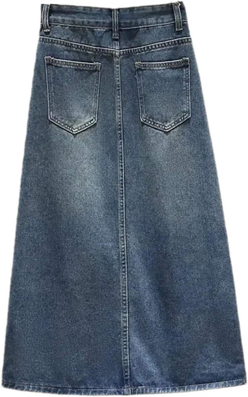 Women High Waist Split Slim Denim Skirt Spring Summer Casual Long A-Line Skirt