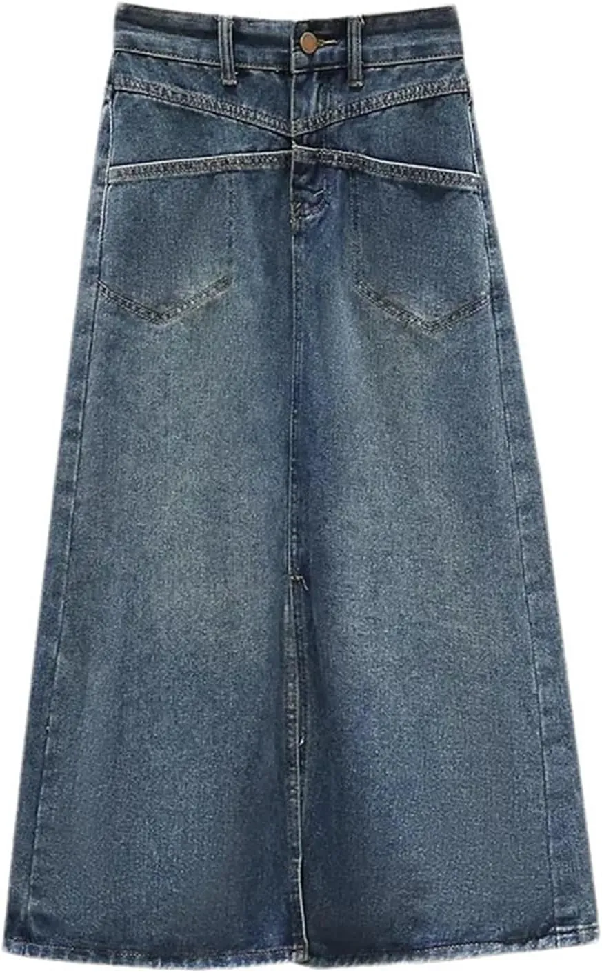 Women High Waist Split Slim Denim Skirt Spring Summer Casual Long A-Line Skirt
