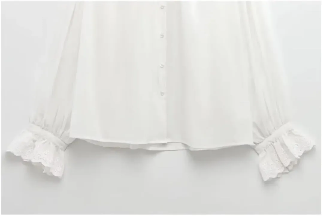Women Hollow Embroidery Blouse Casual Lightweight Solid Long Sleeve Shirts Ruffle Collar Top