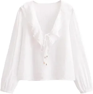 Women Hollow Embroidery Blouse Casual Lightweight Solid Long Sleeve Shirts Ruffle Collar Top