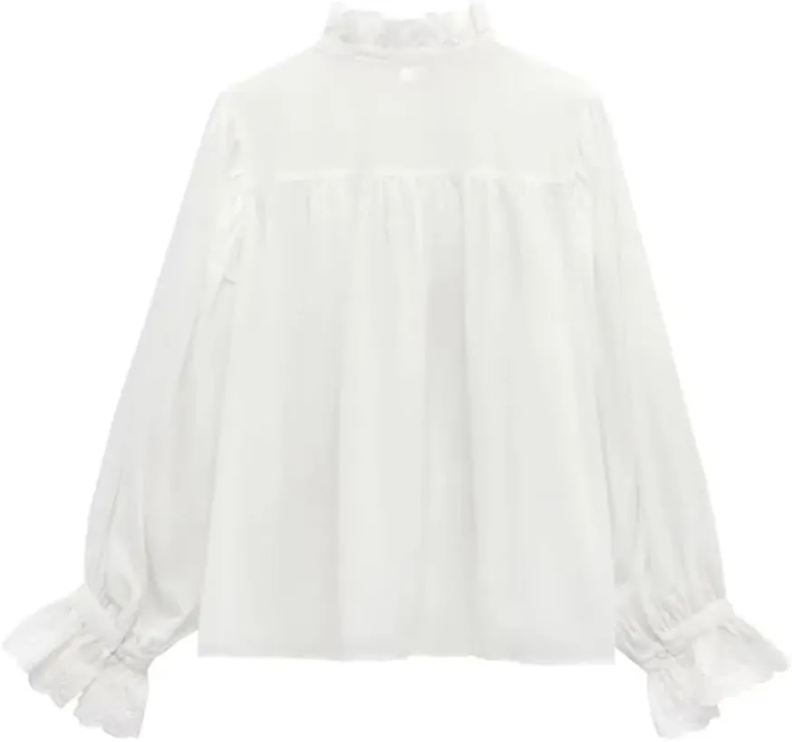 Women Hollow Embroidery Blouse Casual Lightweight Solid Long Sleeve Shirts Ruffle Collar Top