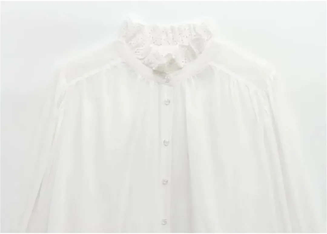 Women Hollow Embroidery Blouse Casual Lightweight Solid Long Sleeve Shirts Ruffle Collar Top