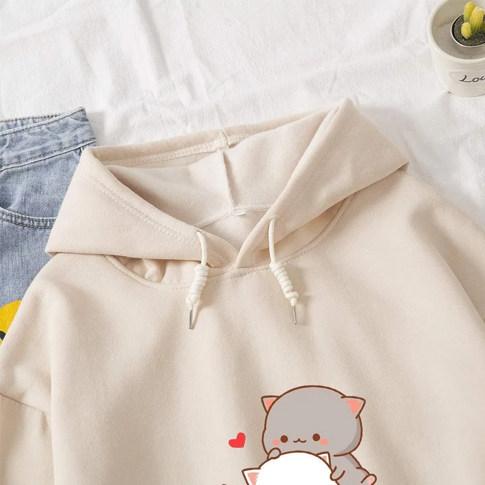 Women Kawaii Cartoon Cute Cat Graphic Casual Cotton Pullover Hoodies Sweatshirt