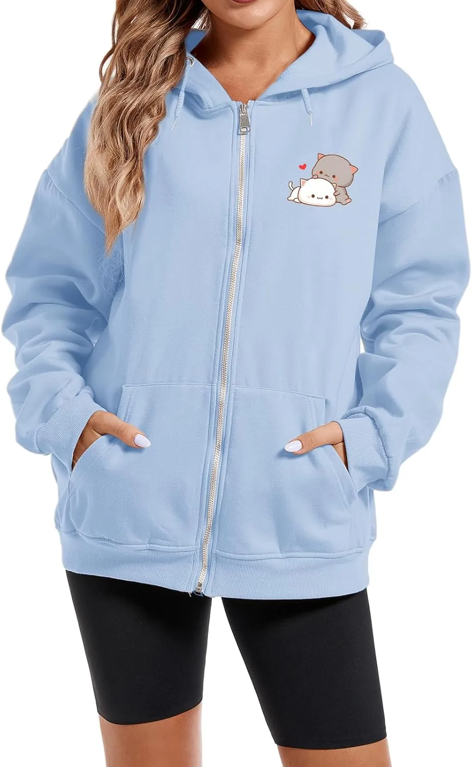 Women Kawaii Cartoon Cute Cat Graphic Casual Cotton Pullover Hoodies Sweatshirt