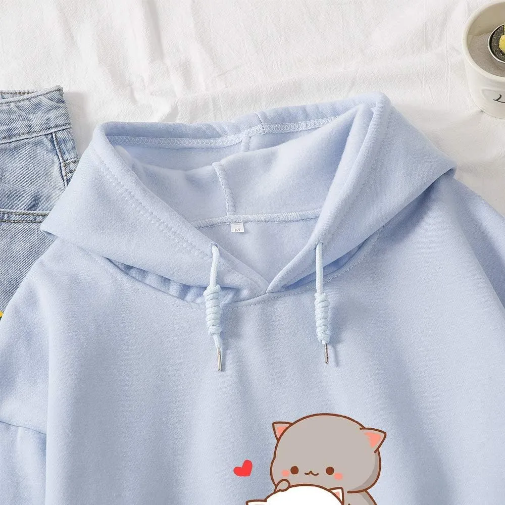 Women Kawaii Cartoon Cute Cat Graphic Casual Cotton Pullover Hoodies Sweatshirt