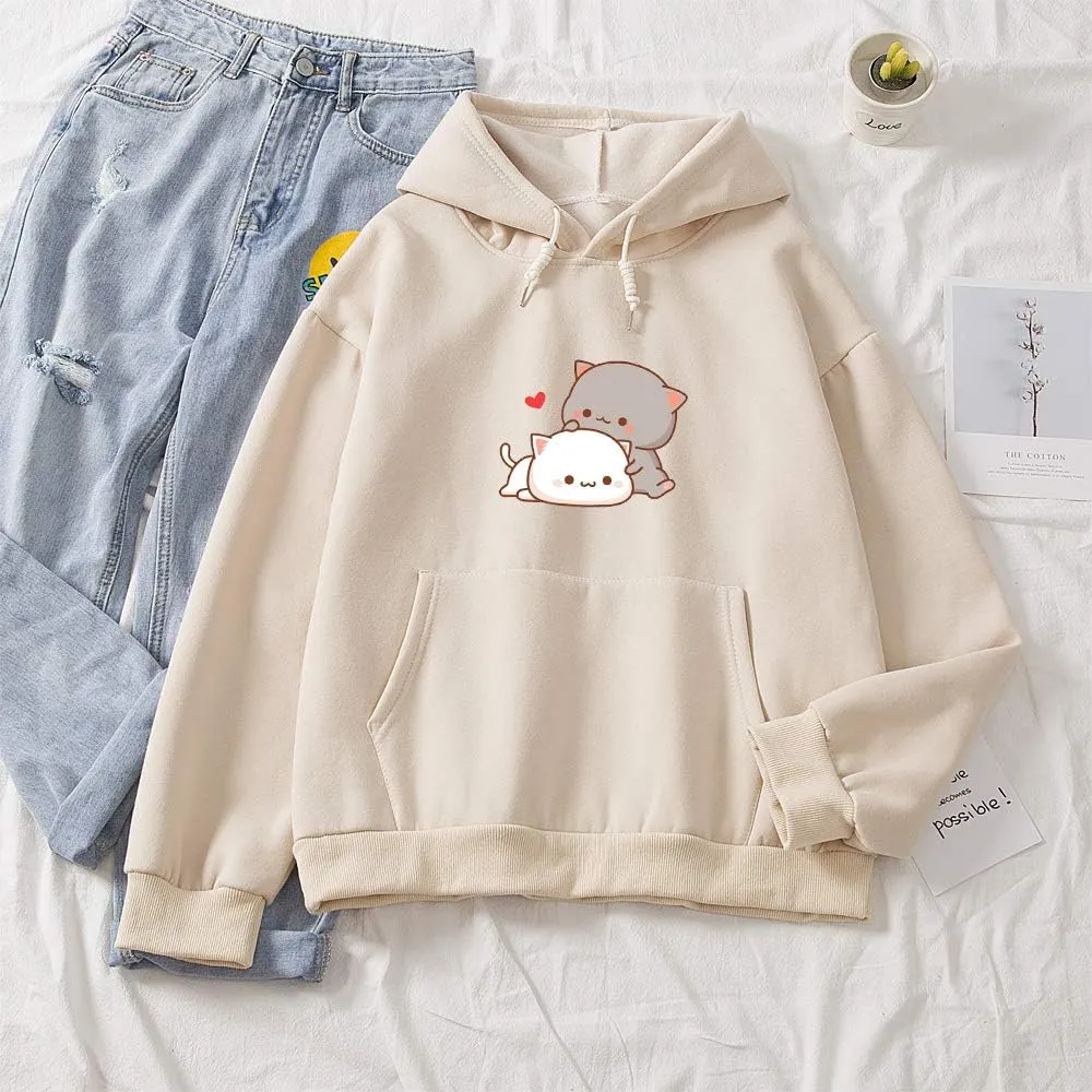 Women Kawaii Cartoon Cute Cat Graphic Casual Cotton Pullover Hoodies Sweatshirt