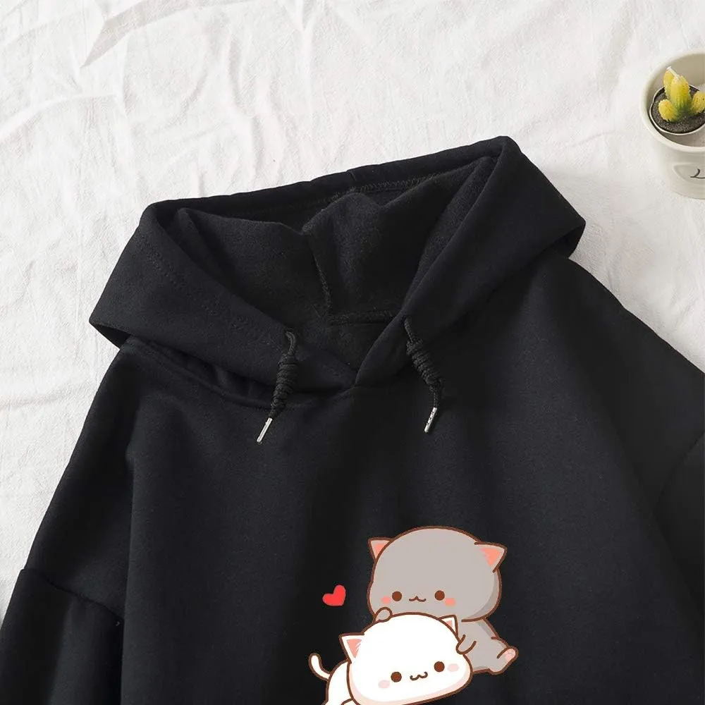 Women Kawaii Cartoon Cute Cat Graphic Casual Cotton Pullover Hoodies Sweatshirt