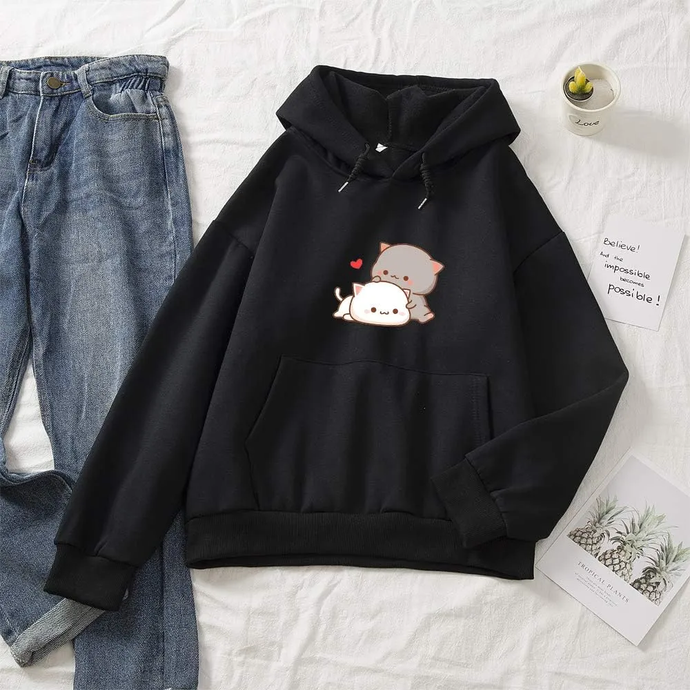 Women Kawaii Cartoon Cute Cat Graphic Casual Cotton Pullover Hoodies Sweatshirt