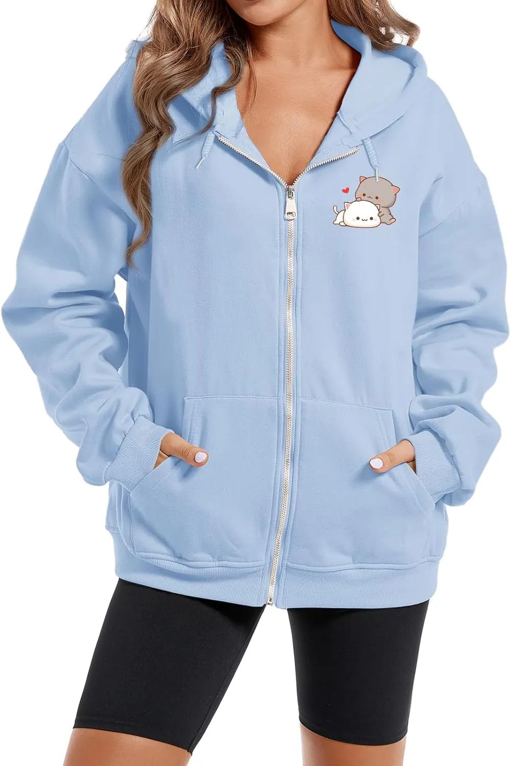 Women Kawaii Cartoon Cute Cat Graphic Casual Cotton Pullover Hoodies Sweatshirt
