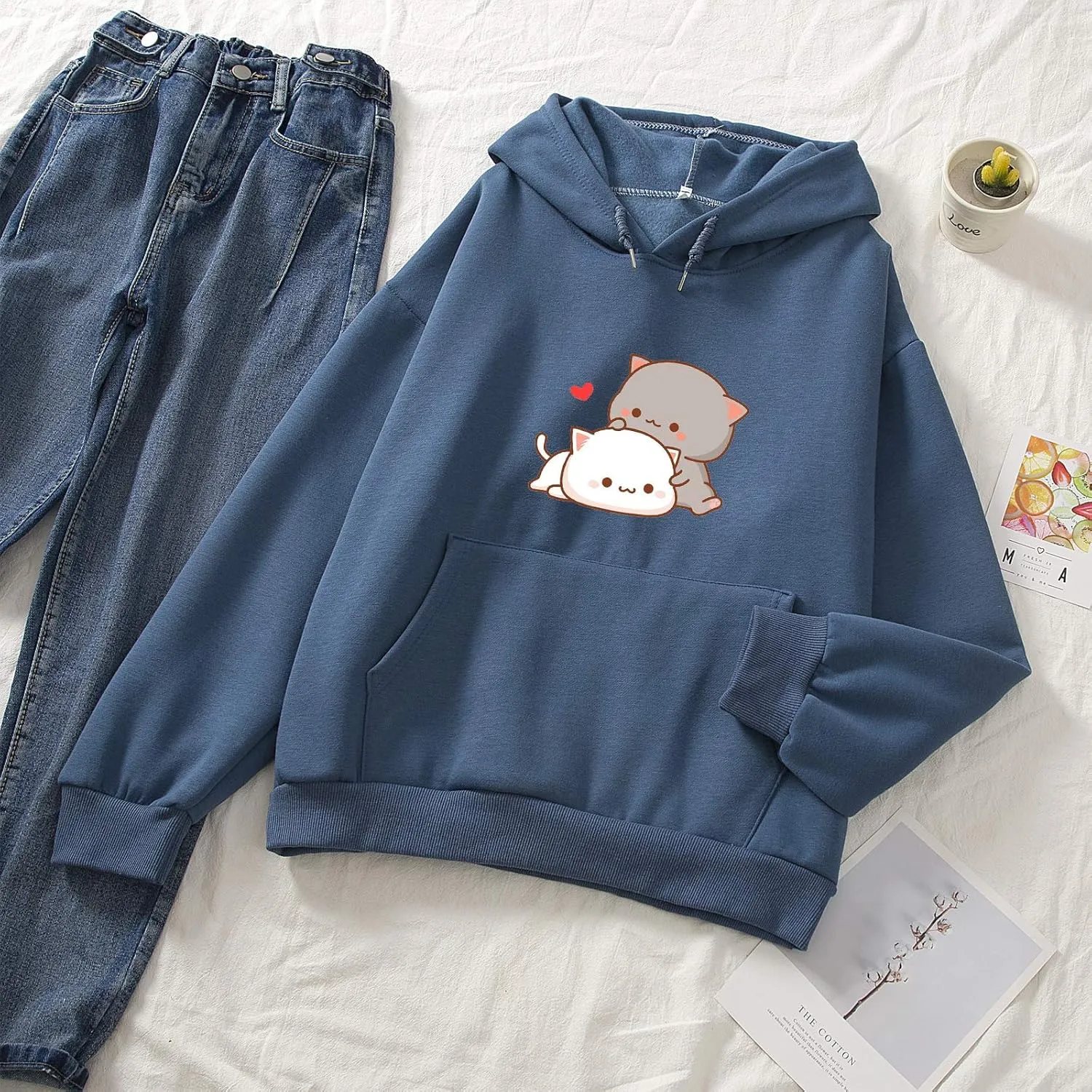 Women Kawaii Cartoon Cute Cat Graphic Casual Cotton Pullover Hoodies Sweatshirt