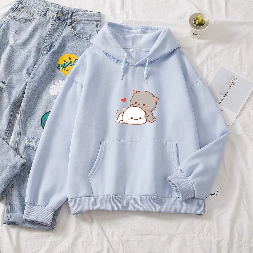 Women Kawaii Cartoon Cute Cat Graphic Casual Cotton Pullover Hoodies Sweatshirt