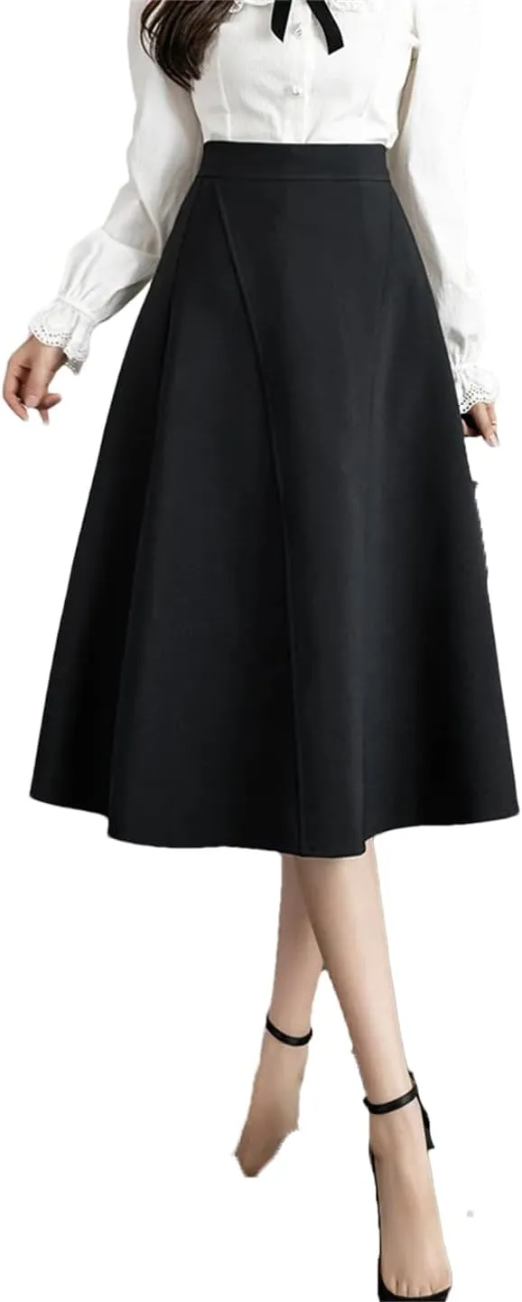Women Knee Length Grace Loose High Waist Office Work OL Midi A-Line Skirt