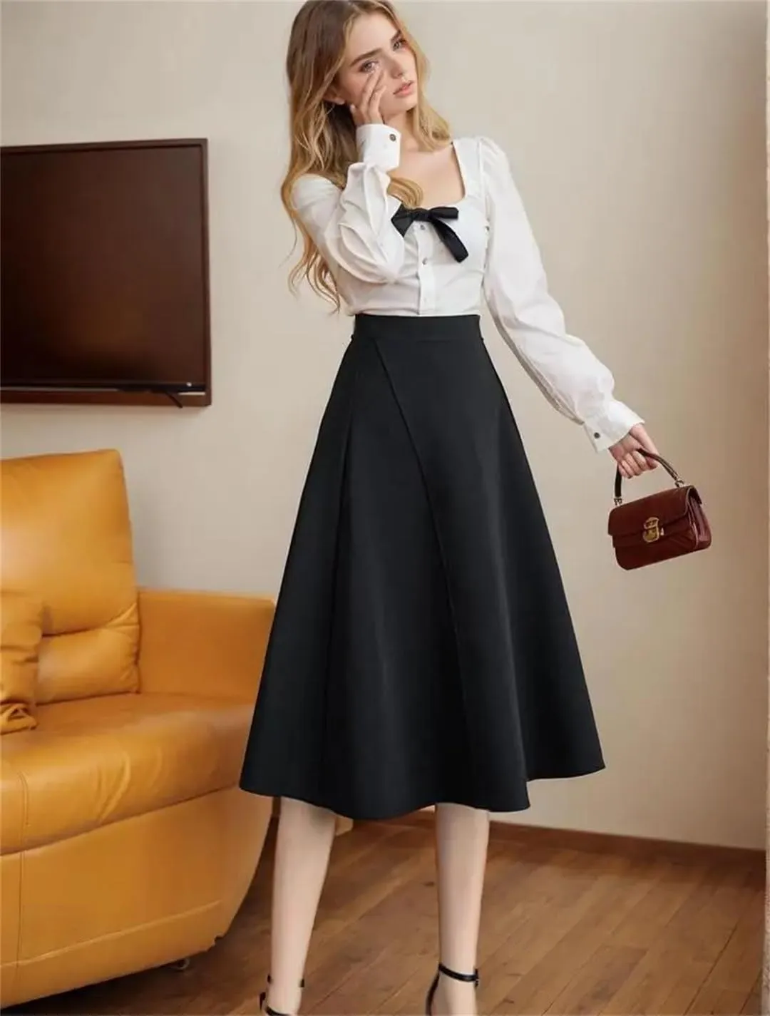 Women Knee Length Grace Loose High Waist Office Work OL Midi A-Line Skirt