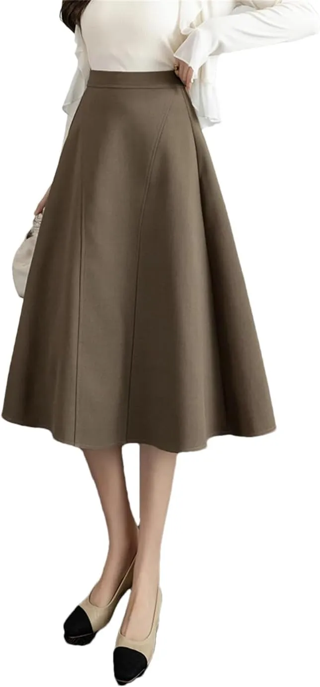 Women Knee Length Grace Loose High Waist Office Work OL Midi A-Line Skirt