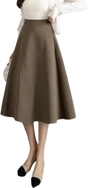 Women Knee Length Grace Loose High Waist Office Work OL Midi A-Line Skirt
