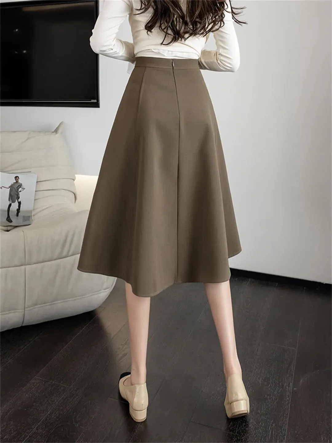Women Knee Length Grace Loose High Waist Office Work OL Midi A-Line Skirt