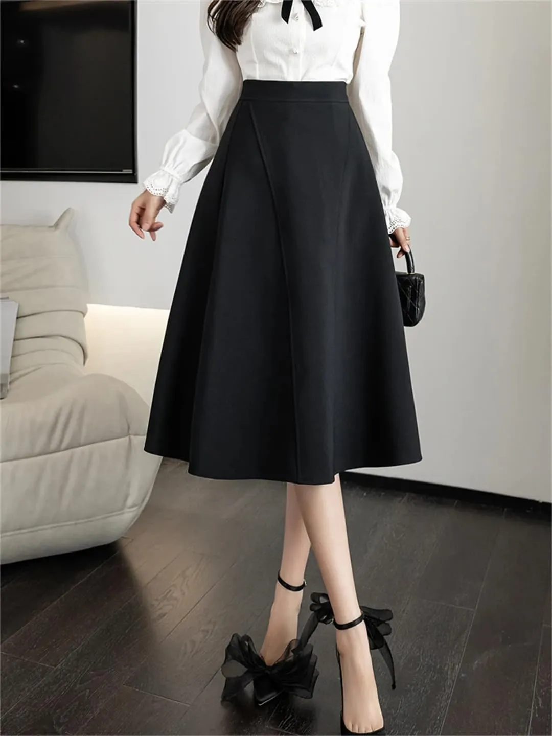 Women Knee Length Grace Loose High Waist Office Work OL Midi A-Line Skirt