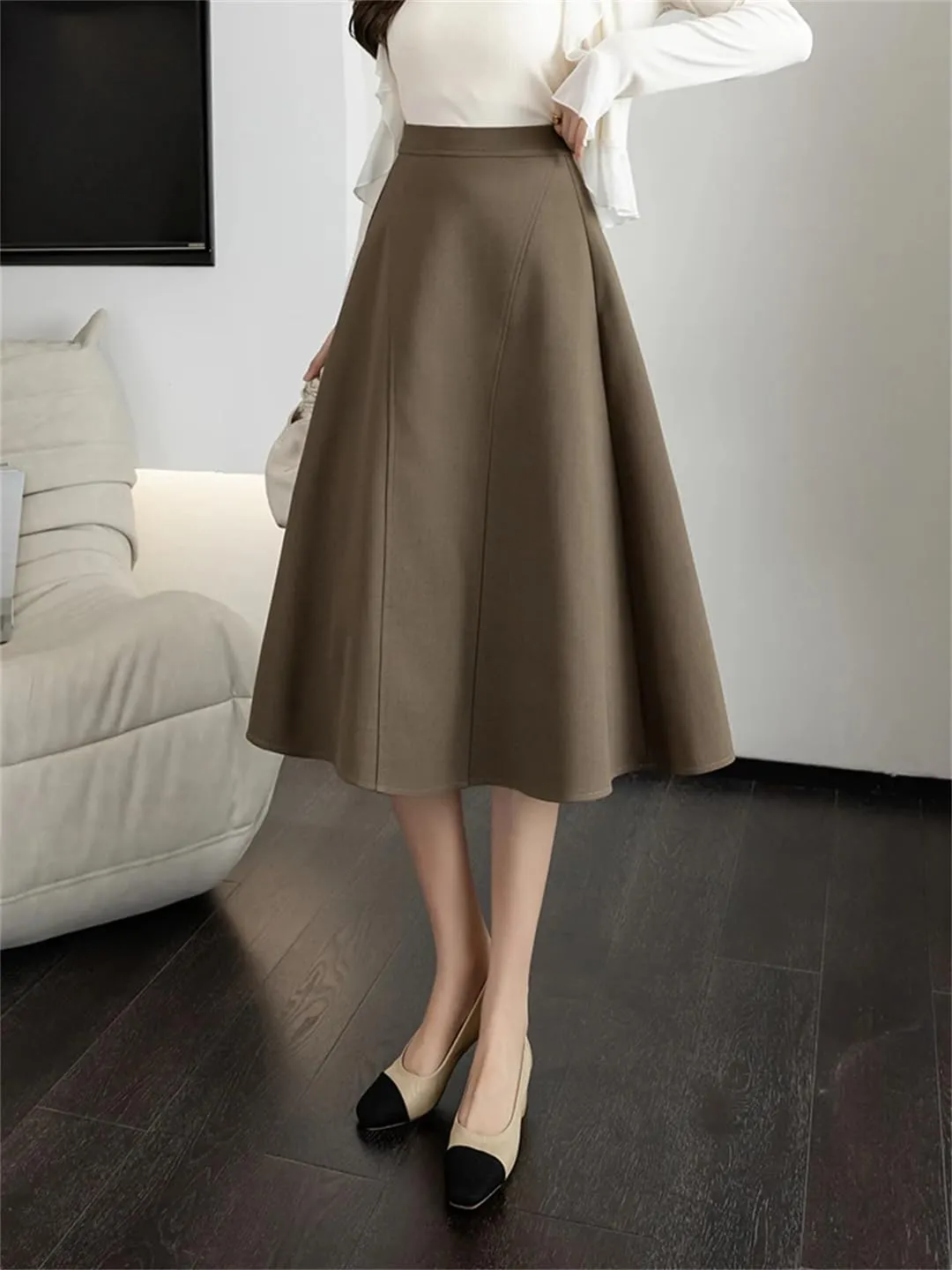 Women Knee Length Grace Loose High Waist Office Work OL Midi A-Line Skirt