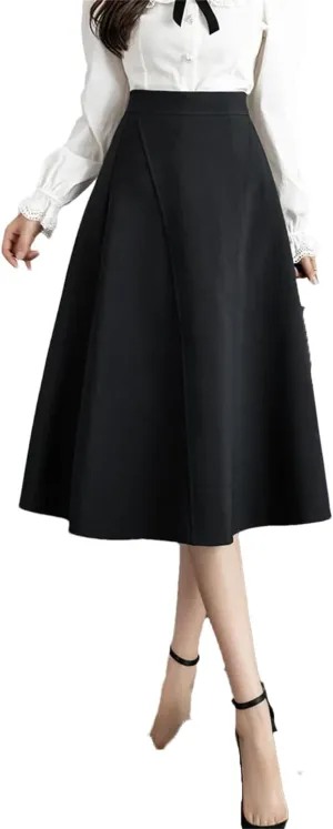 Women Knee Length Grace Loose High Waist Office Work OL Midi A-Line Skirt