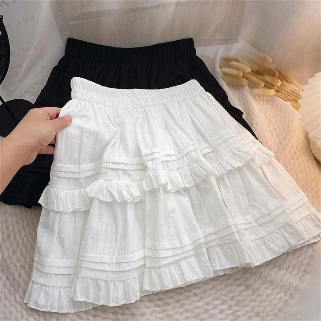 Women Lace Mini Ruffles Pleated Short Skirts Summer Korean High Waist A Line Skirt